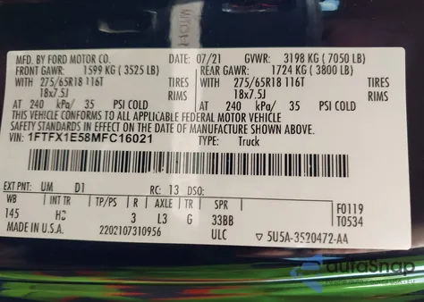 2021 Ford F-150 Lariat from USA, damaged, VIN 1FTFX1E58MFC16021